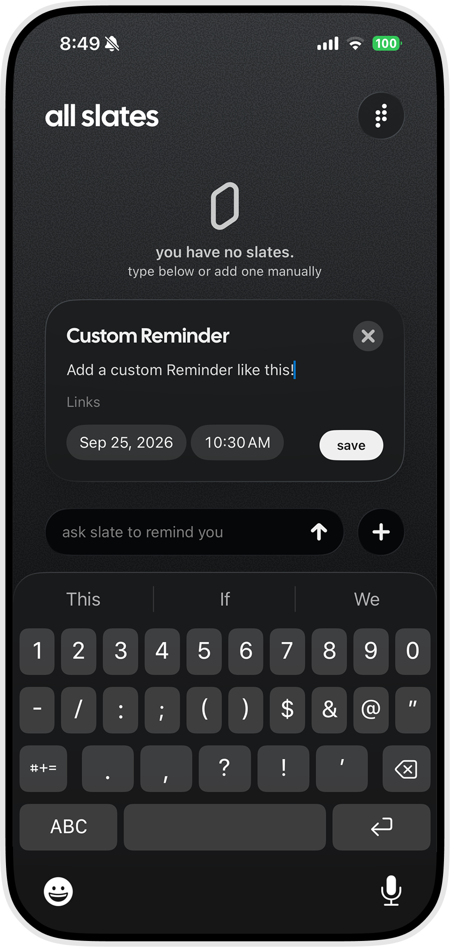 Adding a custom reminder in the Slate app